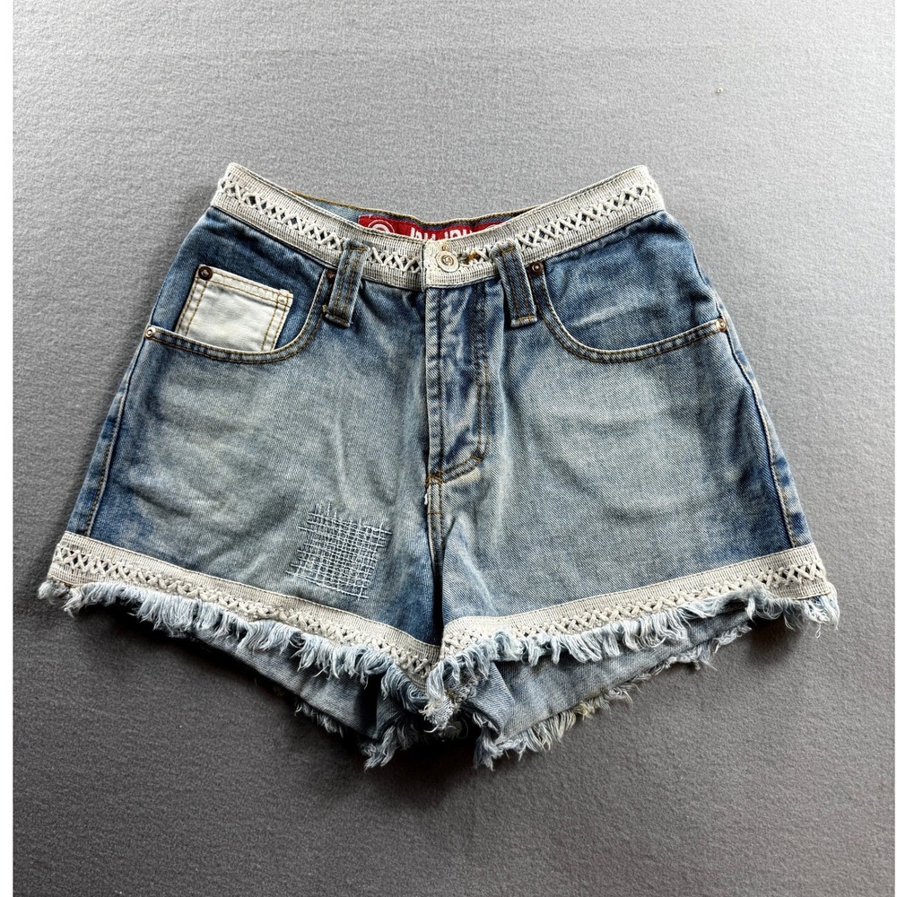 JouJou Denim Shorts Women 26 Blue Crochet Trim Vintage Frayed 24x3 Daisy Duke